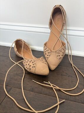 MIA Women's Beige Lace-Up Pointed Flats with Cutout Detail